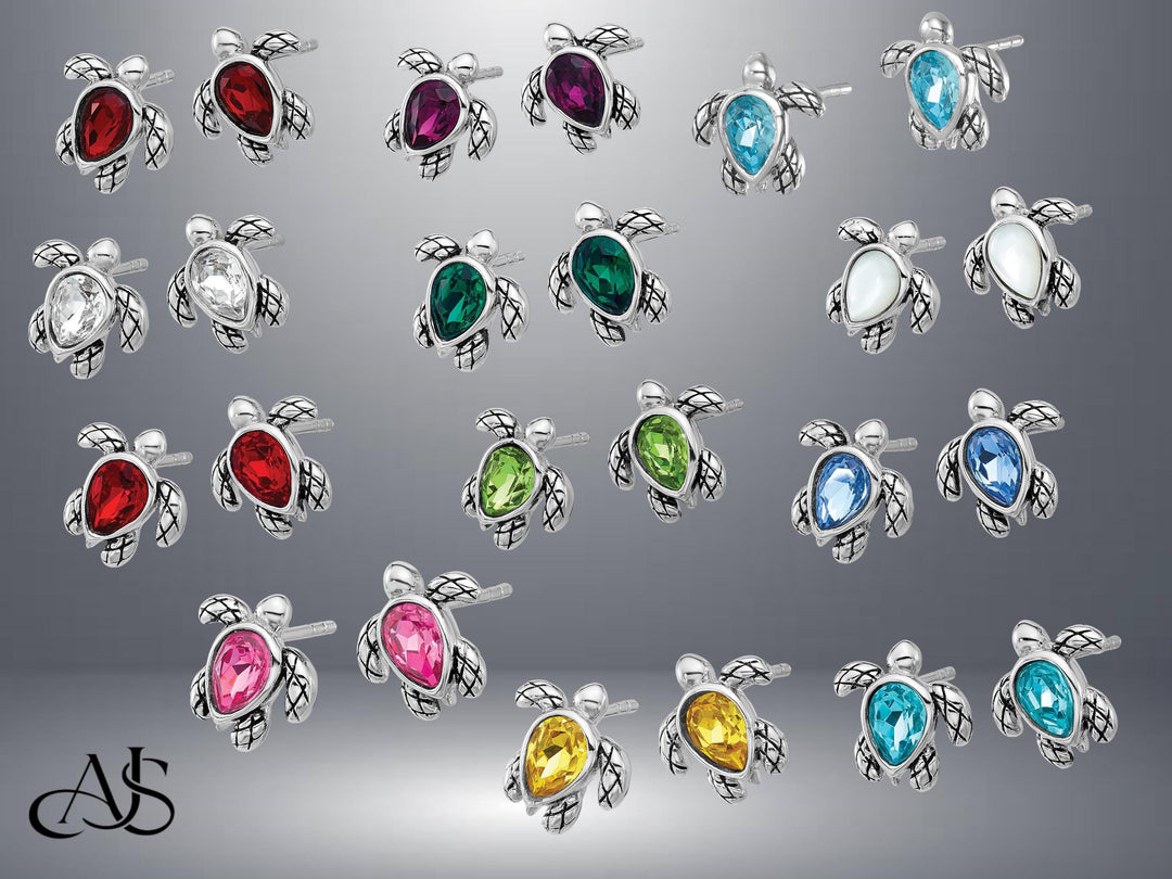Sterling Silver Birthstone Sea Turtle Earrings with Pear Shape Birthstone
