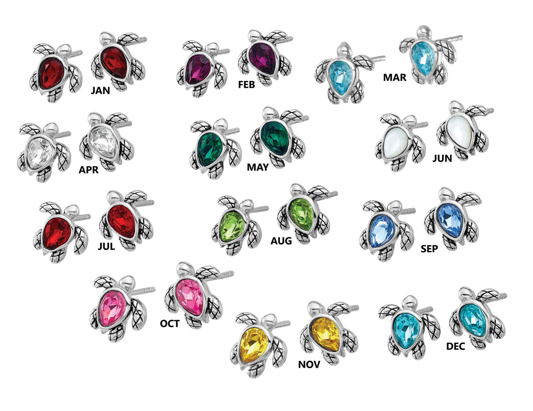Sterling Silver Birthstone Sea Turtle Earrings with Pear Shape Birthstone