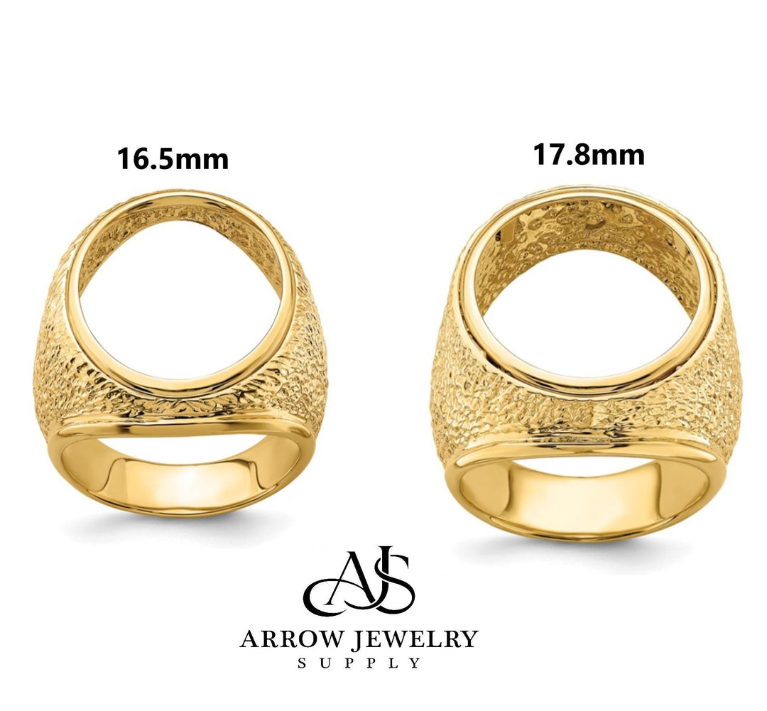 14K Gold Coin Ring Mounting with Textured Design for Men - Available for 16.5mm or 17.8mm coins