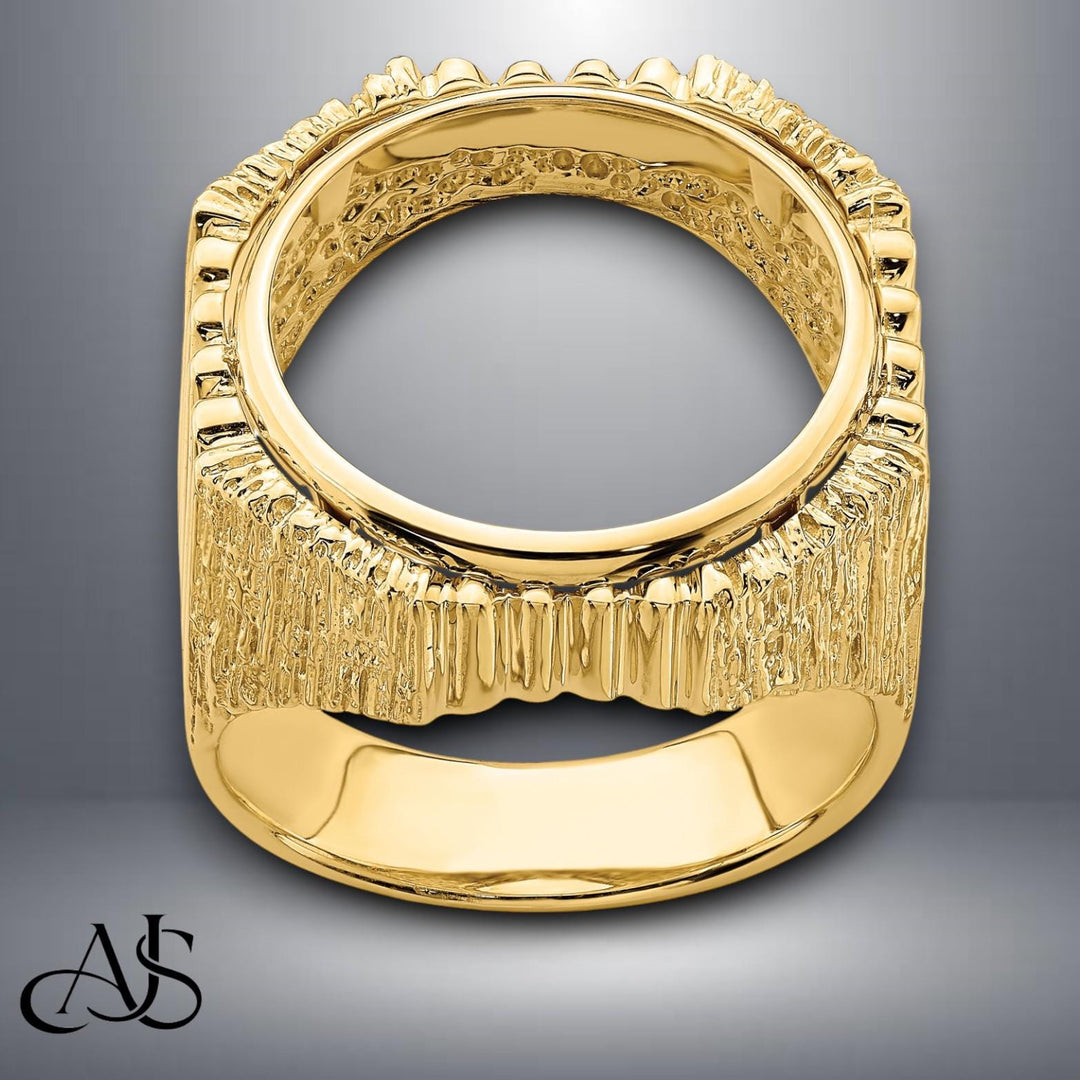 14K Gold Mans Coin Ring Fluted and Bark Textured Design for Old US 2.50  Indian or Liberty 17.8mm Coin