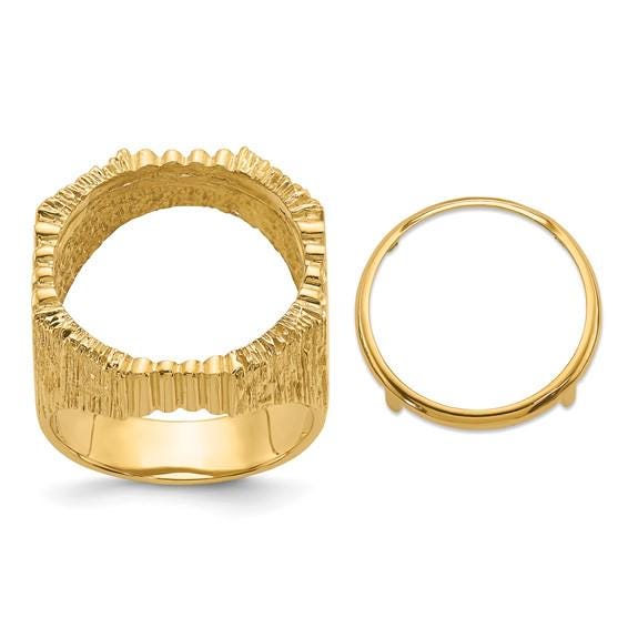 14K Gold Mans Coin Ring Fluted and Bark Textured Design for Old US 2.50  Indian or Liberty 17.8mm Coin
