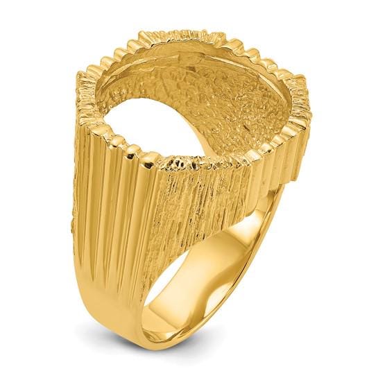 14K Gold Mans Coin Ring Fluted and Bark Textured Design for Old US 2.50  Indian or Liberty 17.8mm Coin