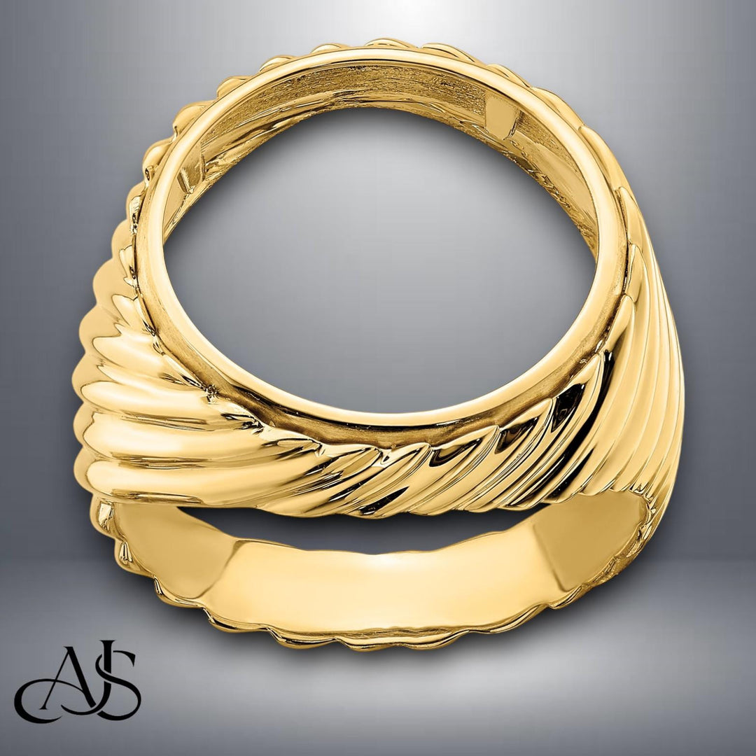Gold Coin Ring Bezel Mounting with Swirl Ridges Design for 13mm 15mm 16.0mm 16.5mm 17.8mm Size Coins - Mans Ring - Made in Solid 14K Gold