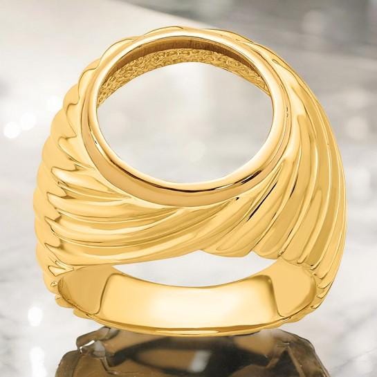 Gold Coin Ring Bezel Mounting with Swirl Ridges Design for 13mm 15mm 16.0mm 16.5mm 17.8mm Size Coins - Mans Ring - Made in Solid 14K Gold