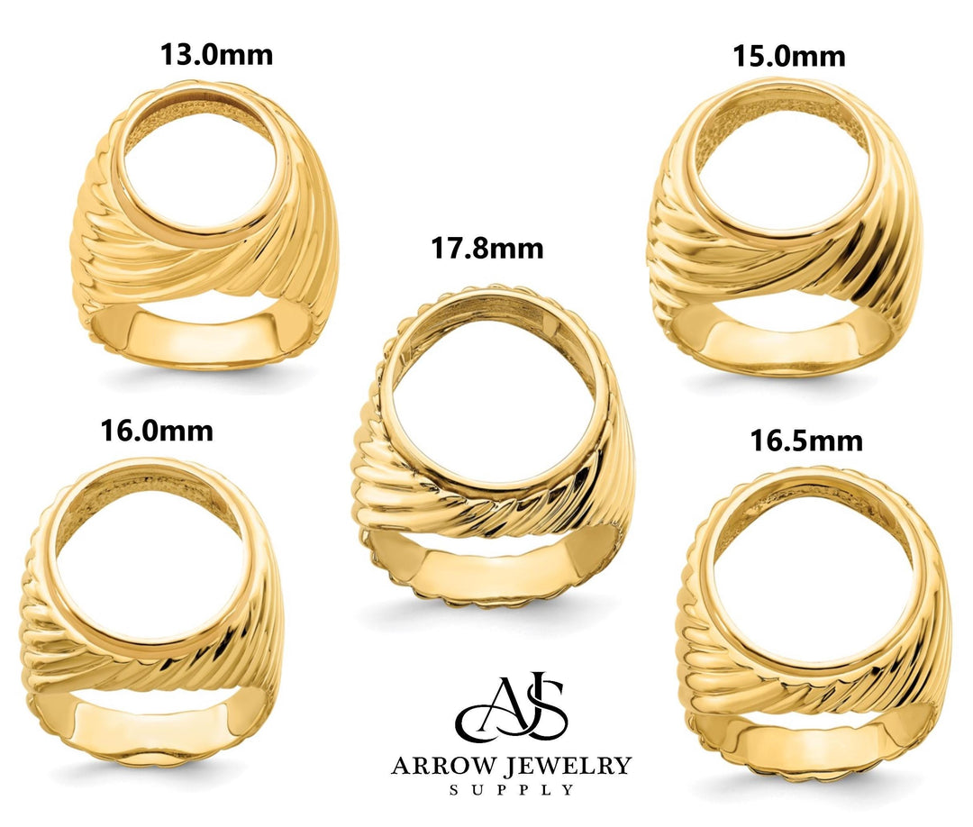 Gold Coin Ring Bezel Mounting with Swirl Ridges Design for 13mm 15mm 16.0mm 16.5mm 17.8mm Size Coins - Mans Ring - Made in Solid 14K Gold
