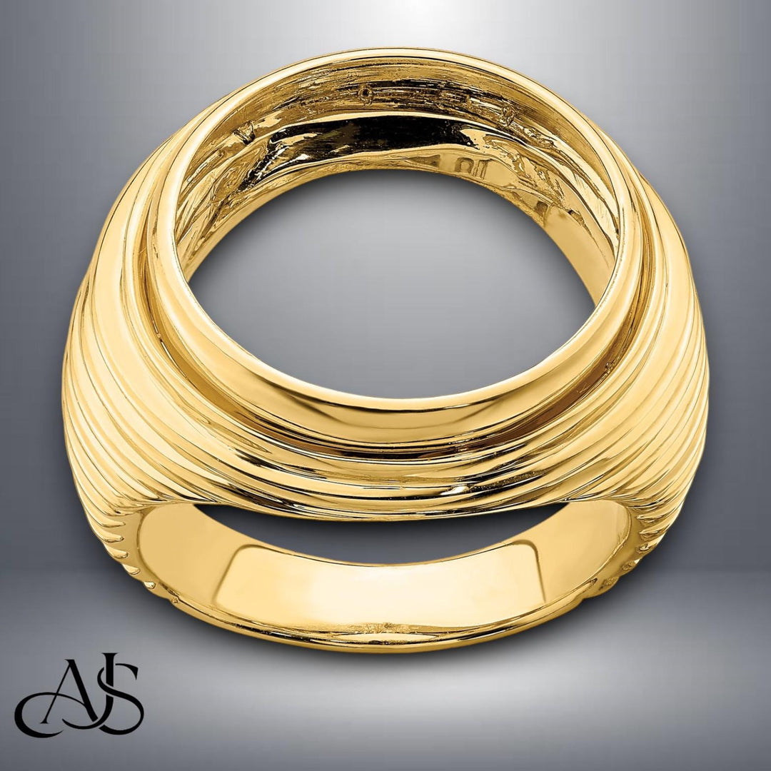 14K Gold Coin Ring Mounting with Ridges Ribbed Sides Design for Men - Available for 16.5mm 17.8mm or 21.6mm coins