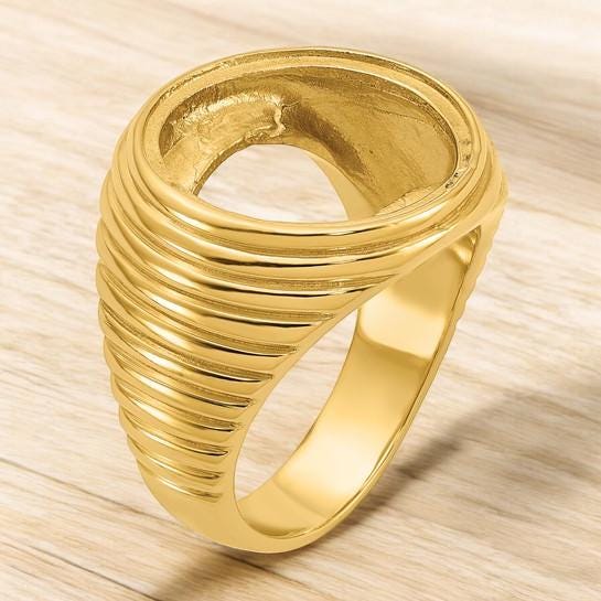 14K Gold Coin Ring Mounting with Ridges Ribbed Sides Design for Men - Available for 16.5mm 17.8mm or 21.6mm coins
