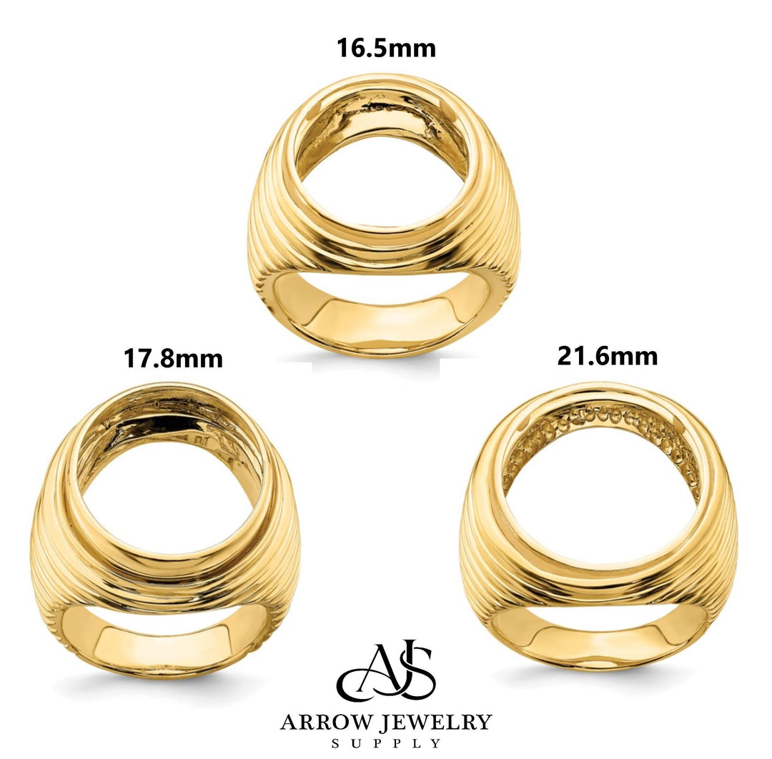 14K Gold Coin Ring Mounting with Ridges Ribbed Sides Design for Men - Available for 16.5mm 17.8mm or 21.6mm coins