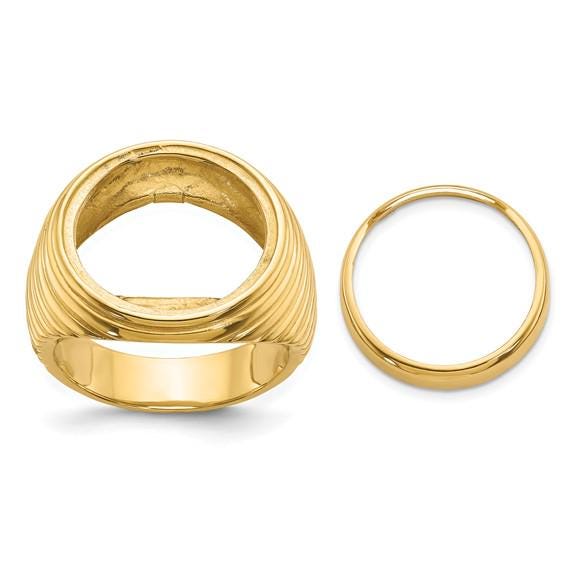 14K Gold Coin Ring Mounting with Ridges Ribbed Sides Design for Men - Available for 16.5mm 17.8mm or 21.6mm coins
