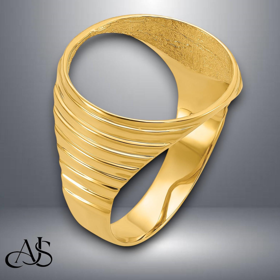 14K Gold Coin Ring Mounting with Ribbed Sides Design for Men - Holds US 1/10th oz Eagle Gold Coin 16.5mm