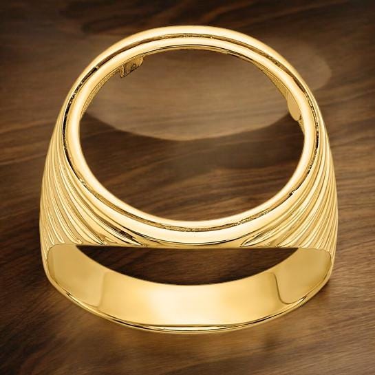 14K Gold Coin Ring Mounting with Ribbed Sides Design for Men - Holds US 1/10th oz Eagle Gold Coin 16.5mm