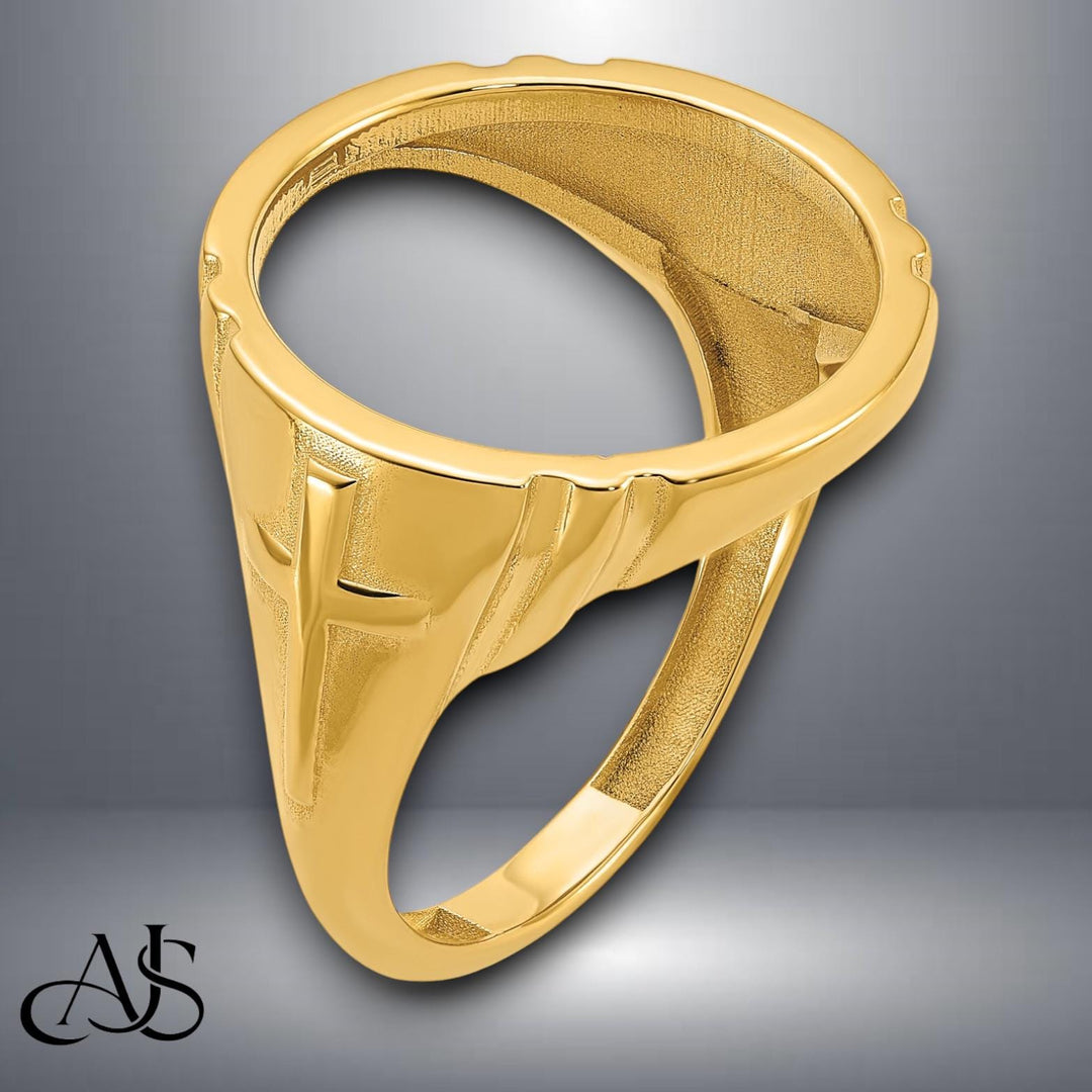 14K Gold Coin Ring Mounting with Raised Cross on Side Design for Men - Holds US 1/10th oz Eagle Gold Coin 16.5mm
