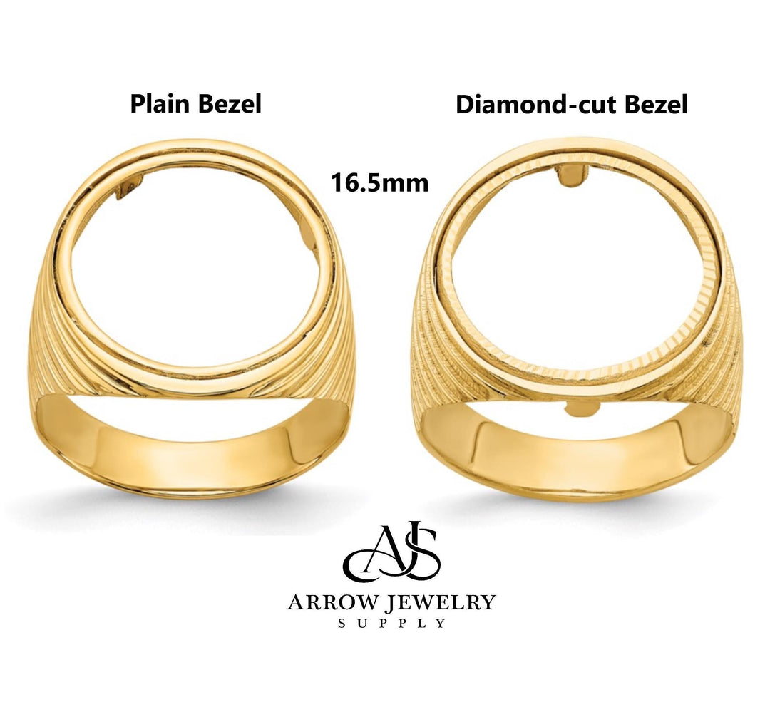 14K Gold Coin Ring Mounting with Ribbed Sides Design for Men - Holds US 1/10th oz Eagle Gold Coin 16.5mm