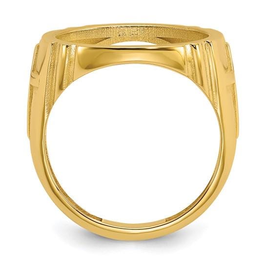 14K Gold Coin Ring Mounting with Raised Cross on Side Design for Men - Holds US 1/10th oz Eagle Gold Coin 16.5mm