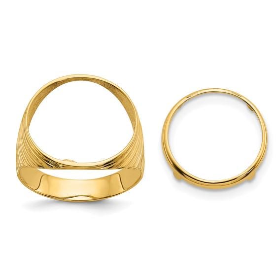14K Gold Coin Ring Mounting with Ribbed Sides Design for Men - Holds US 1/10th oz Eagle Gold Coin 16.5mm