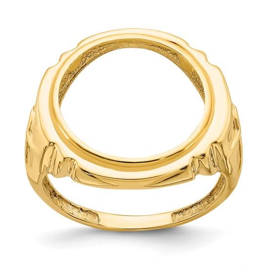14K Gold Coin Ring Mounting with Raised Cross on Side Design for Men - Holds US 1/10th oz Eagle Gold Coin 16.5mm