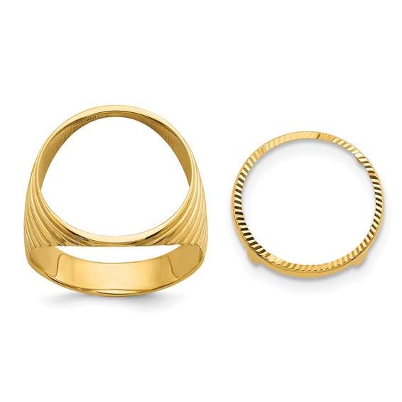 14K Gold Coin Ring Mounting with Ribbed Sides Design for Men - Holds US 1/10th oz Eagle Gold Coin 16.5mm