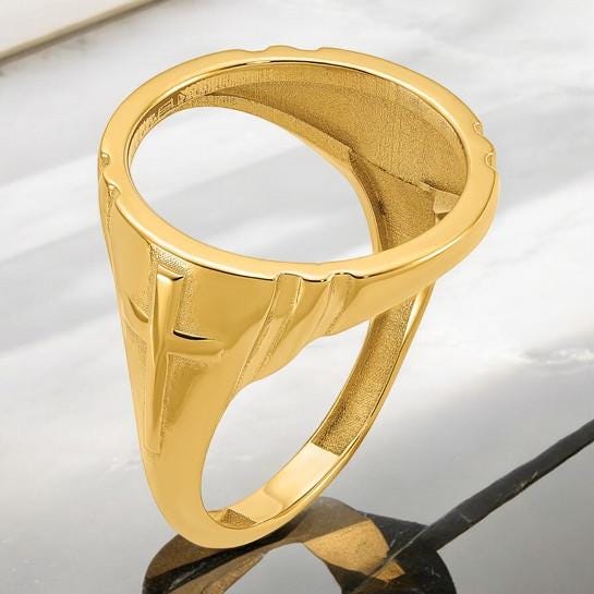14K Gold Coin Ring Mounting with Raised Cross on Side Design for Men - Holds US 1/10th oz Eagle Gold Coin 16.5mm