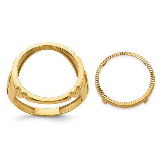 14K Gold Coin Ring Mounting with Raised Cross on Side Design for Men - Holds US 1/10th oz Eagle Gold Coin 16.5mm