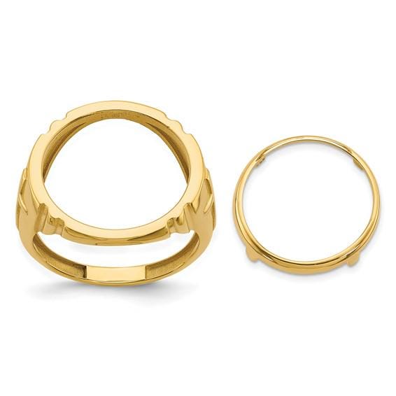 14K Gold Coin Ring Mounting with Raised Cross on Side Design for Men - Holds US 1/10th oz Eagle Gold Coin 16.5mm