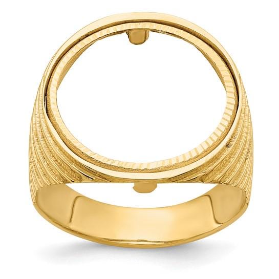 14K Gold Coin Ring Mounting with Ribbed Sides Design for Men - Holds US 1/10th oz Eagle Gold Coin 16.5mm