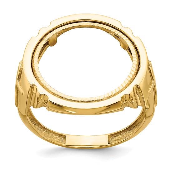 14K Gold Coin Ring Mounting with Raised Cross on Side Design for Men - Holds US 1/10th oz Eagle Gold Coin 16.5mm