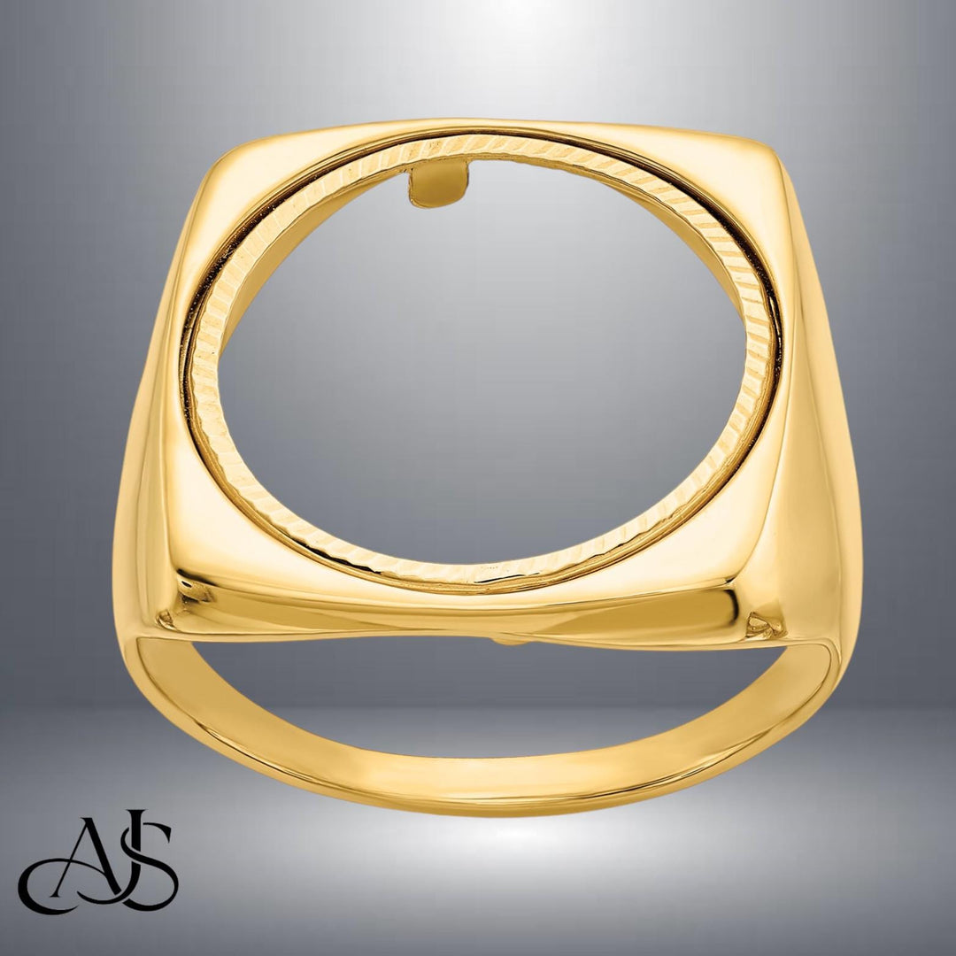 14K Gold Coin Bezel Ring Mounting for Mans Ring - Square Polished Design for US 1/10th Eagle Coin