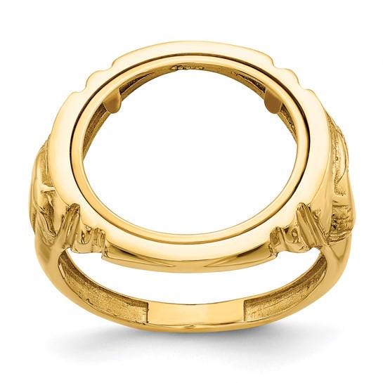 14K Gold Coin Ring Mounting Horse Head Side Design for Men - Holds US 1/10th oz Eagle Gold Coin 16.5mm