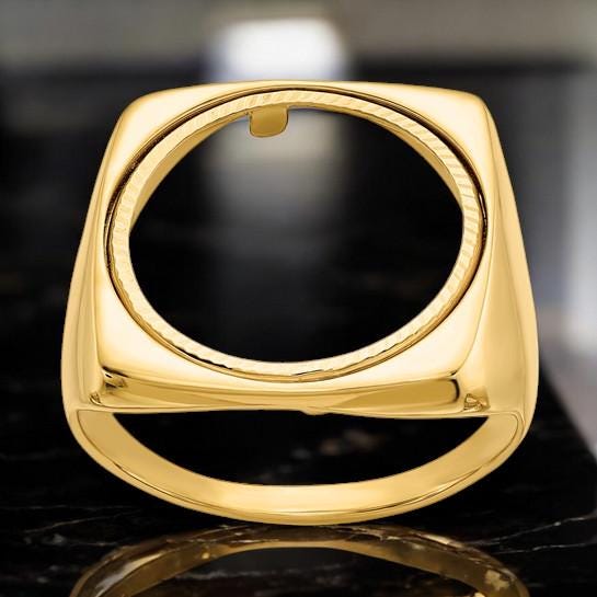 14K Gold Coin Bezel Ring Mounting for Mans Ring - Square Polished Design for US 1/10th Eagle Coin