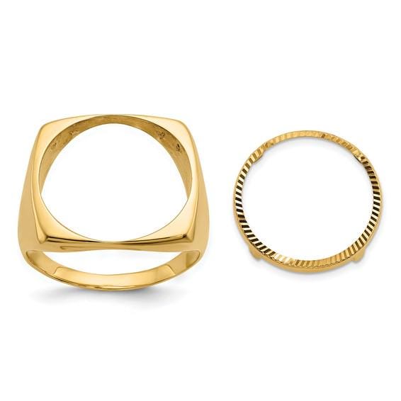 14K Gold Coin Bezel Ring Mounting for Mans Ring - Square Polished Design for US 1/10th Eagle Coin