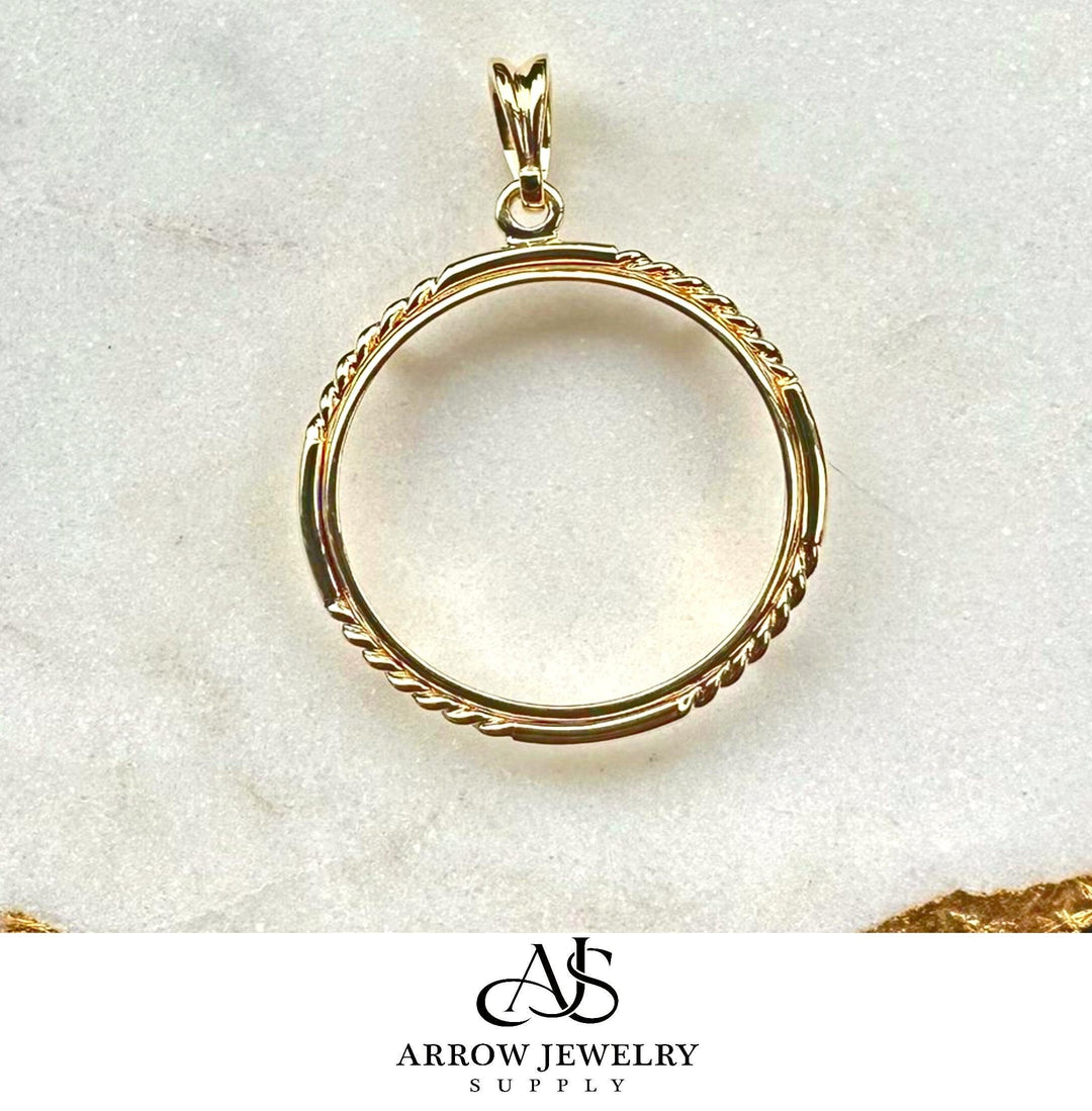 14K Gold Coin Bezel Frame Pendant Mounting - Quadruple Twist Border - Prong Set