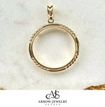 Load image into Gallery viewer, 14K Gold Coin Bezel Frame Pendant Mounting - Quadruple Twist Border - Prong Set
