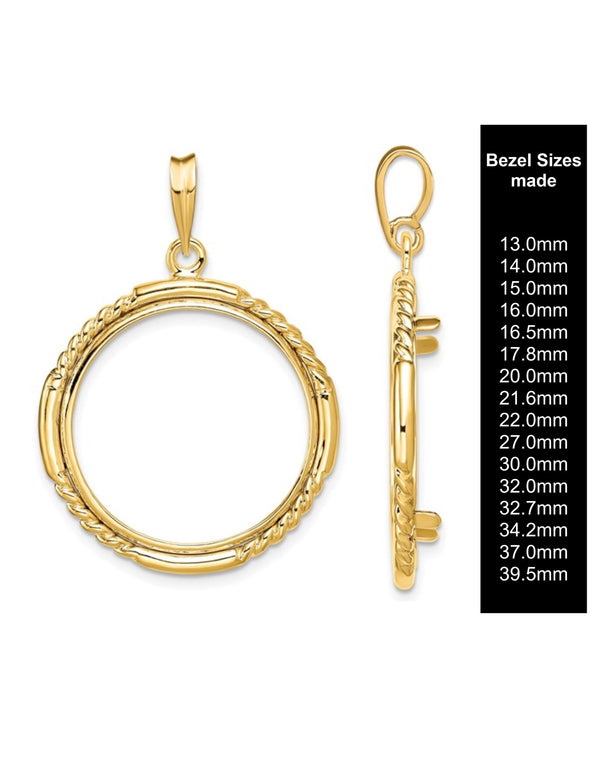 14K Gold Coin Bezel Frame Pendant Mounting - Quadruple Twist Border - Prong Set