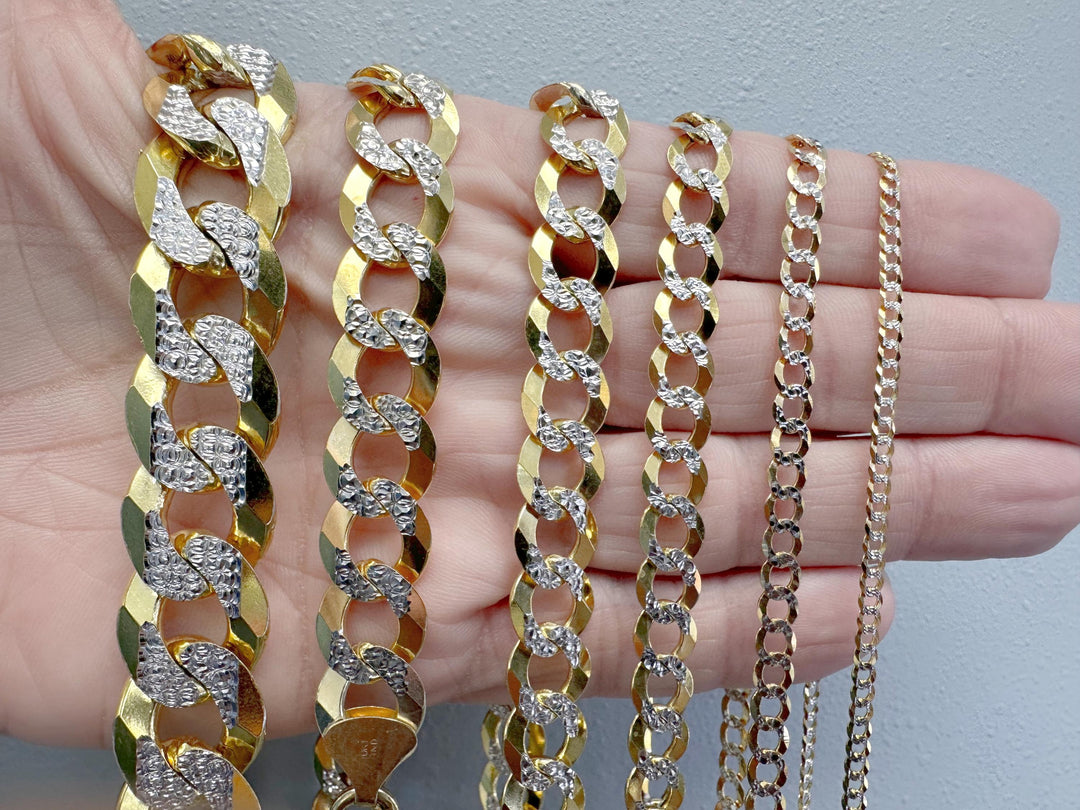 10K Gold Solid Flat Cuban Link Chain Two-tone Diamond-cut Necklace & Bracelets 2mm 2.5mm 3mm 3.5mm 4.5mm 5.5mm 7mm 8.3mm 9.7mm 11.5mm 13mm