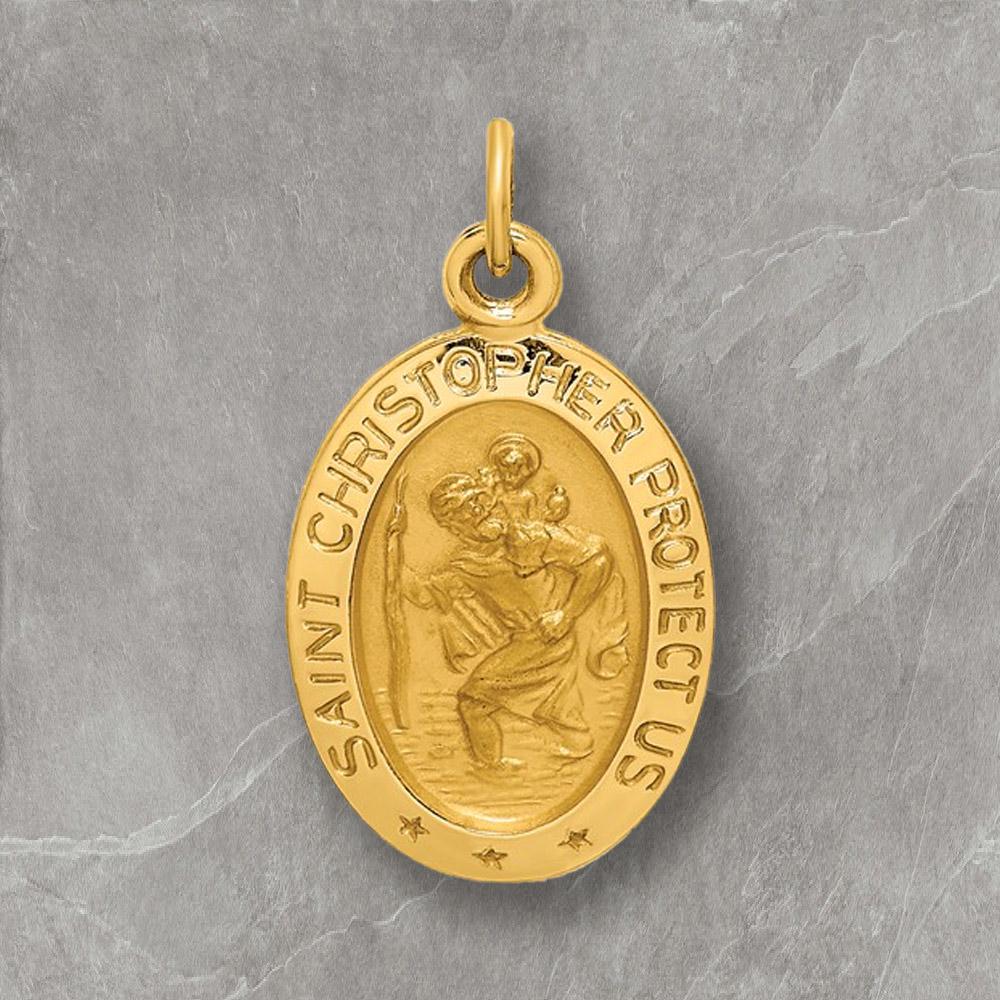 14k Gold Solid Polished/Satin Large Oval St. Christopher Medal Pendants - with Necklace Chain Options
