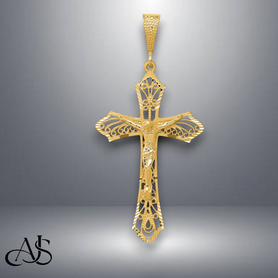 14K Yellow Gold Satin Diamond-Cut Crucifix Pendant with Chain Necklace options