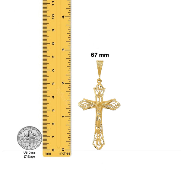 14K Yellow Gold Satin Diamond-Cut Crucifix Pendant with Chain Necklace options