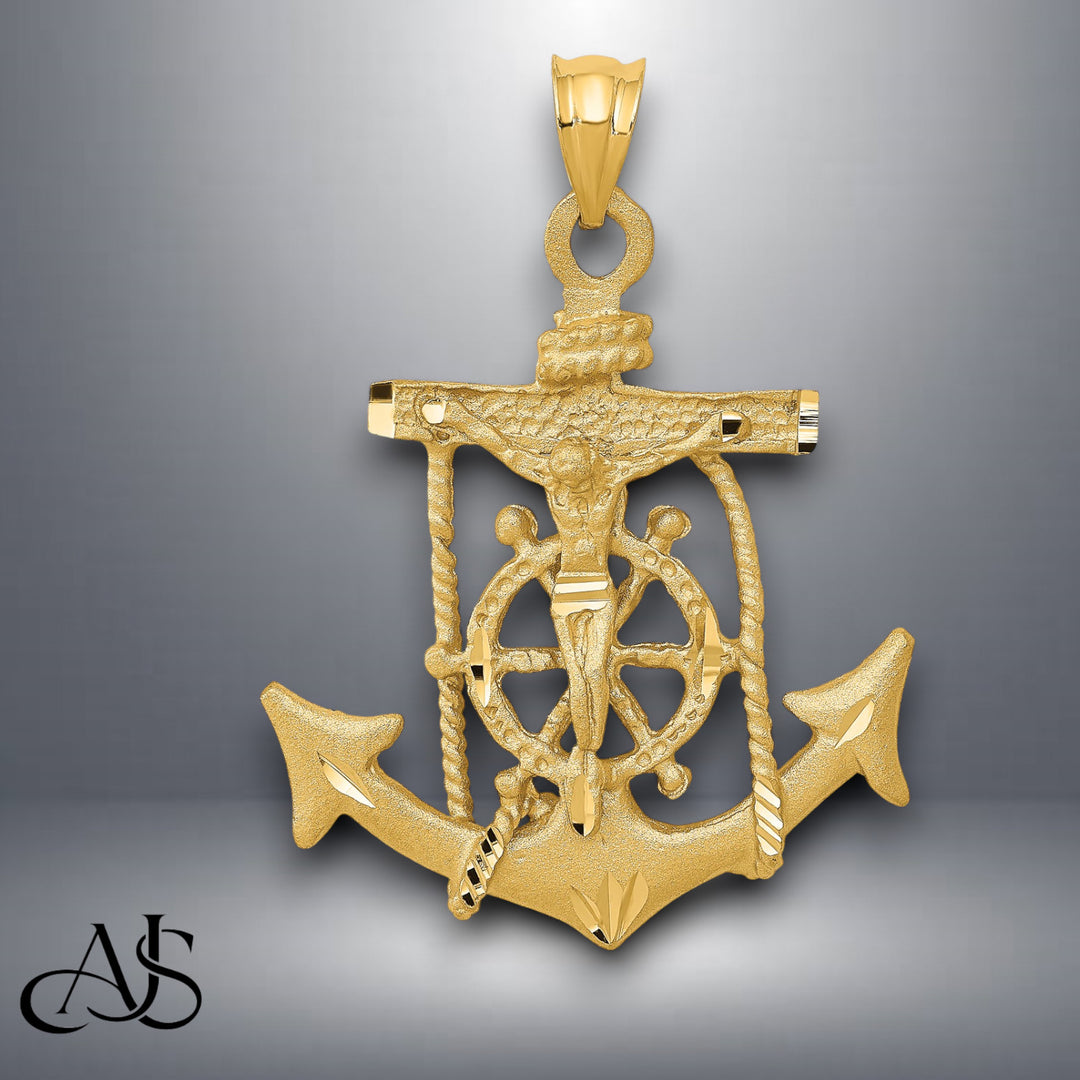 14K Yellow Gold Solid Mariners Cross Pendant with Chain Necklace options