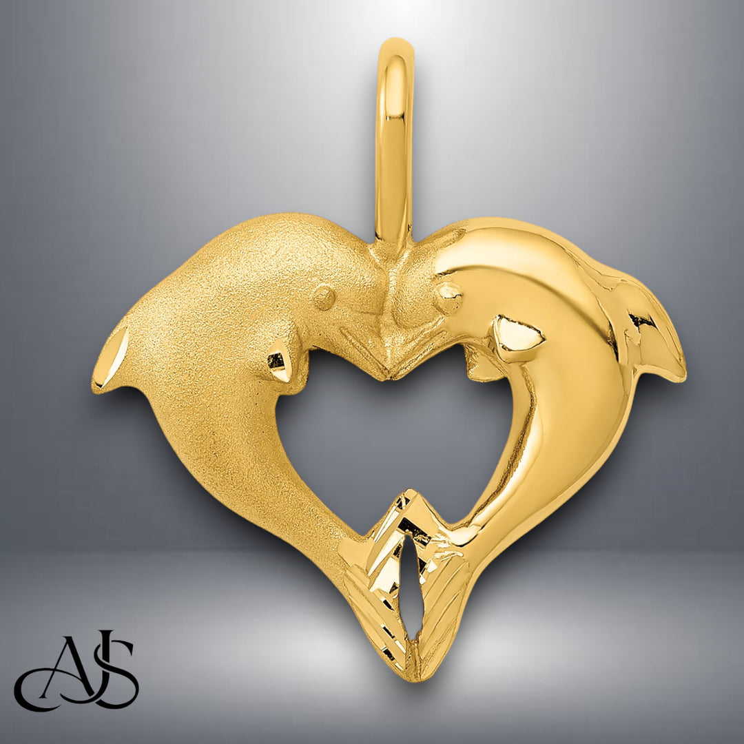 14K Yellow Gold Dolphin Heart Pendant with Chain Necklace options