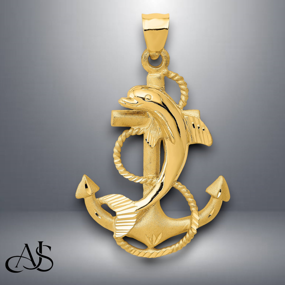 14K Yellow Gold Dolphin on Anchor Charm with Chain Necklace options