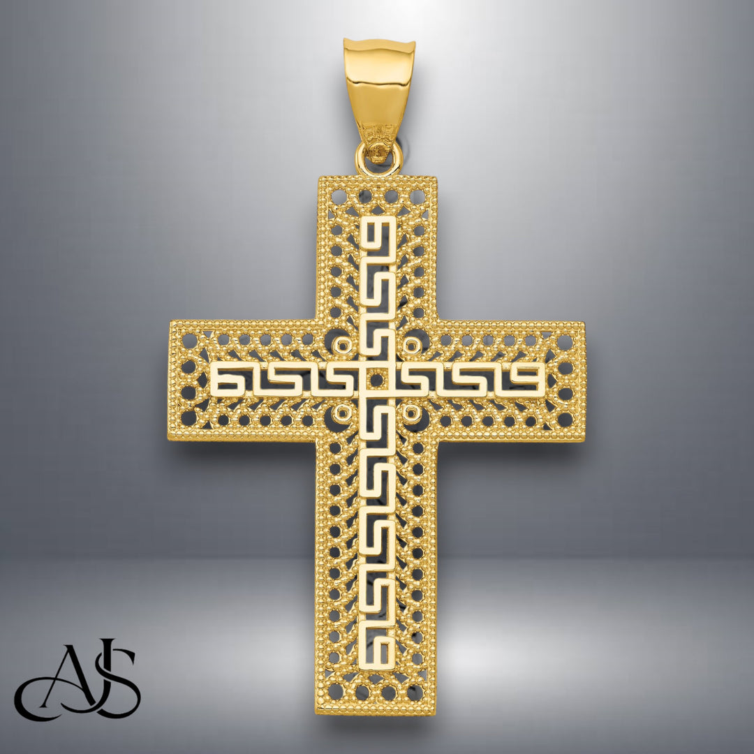 14K Yellow Gold Greek Key Filigree Cross Pendant with Chain Necklace options