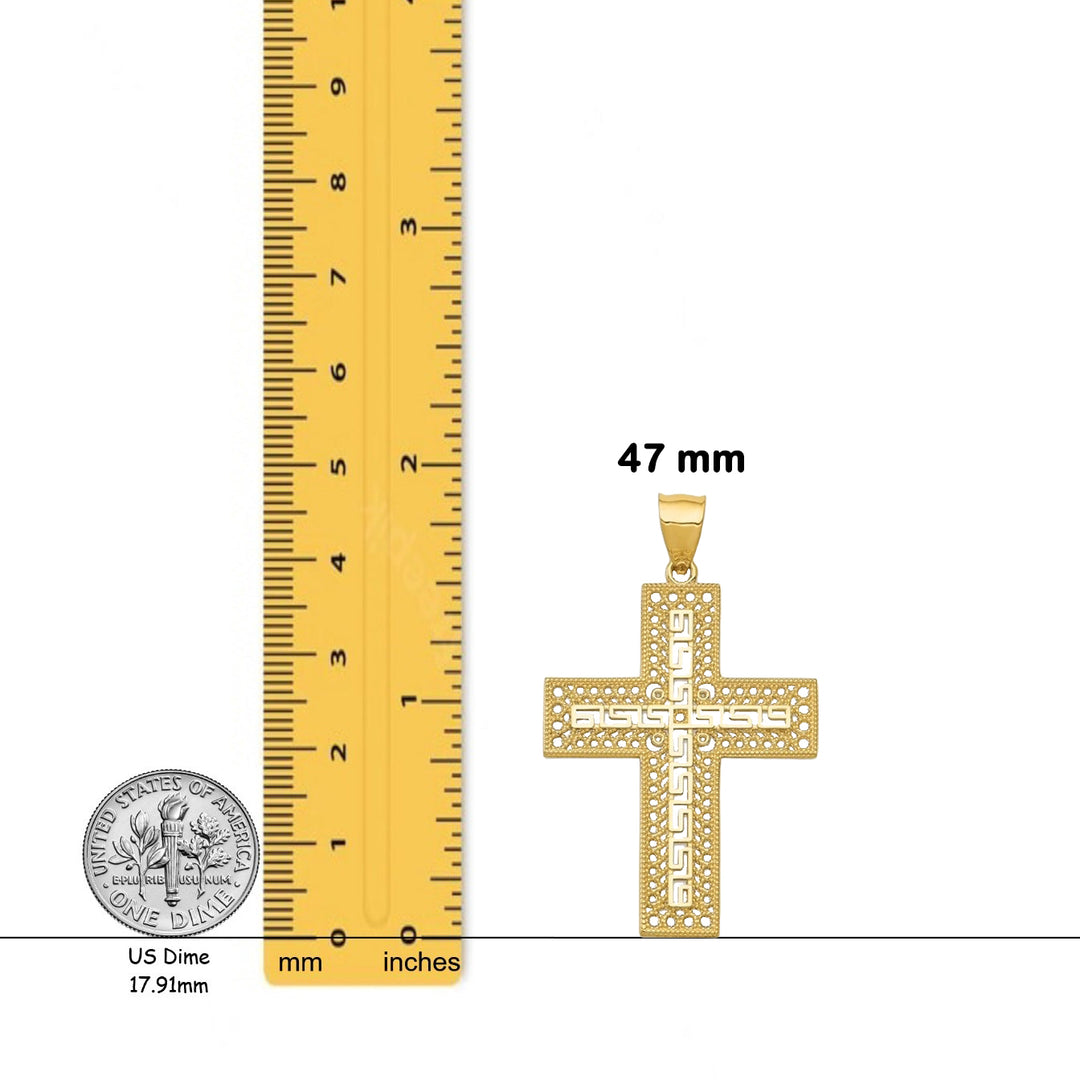 14K Yellow Gold Greek Key Filigree Cross Pendant with Chain Necklace options