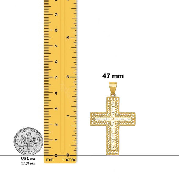 14K Yellow Gold Greek Key Filigree Cross Pendant with Chain Necklace options