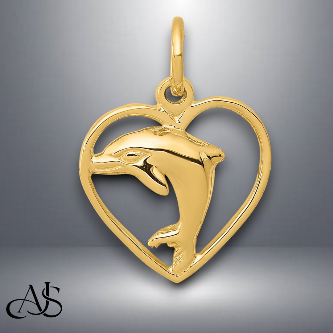 14K Yellow Gold Dolphin in Heart Charm with Chain Necklace options