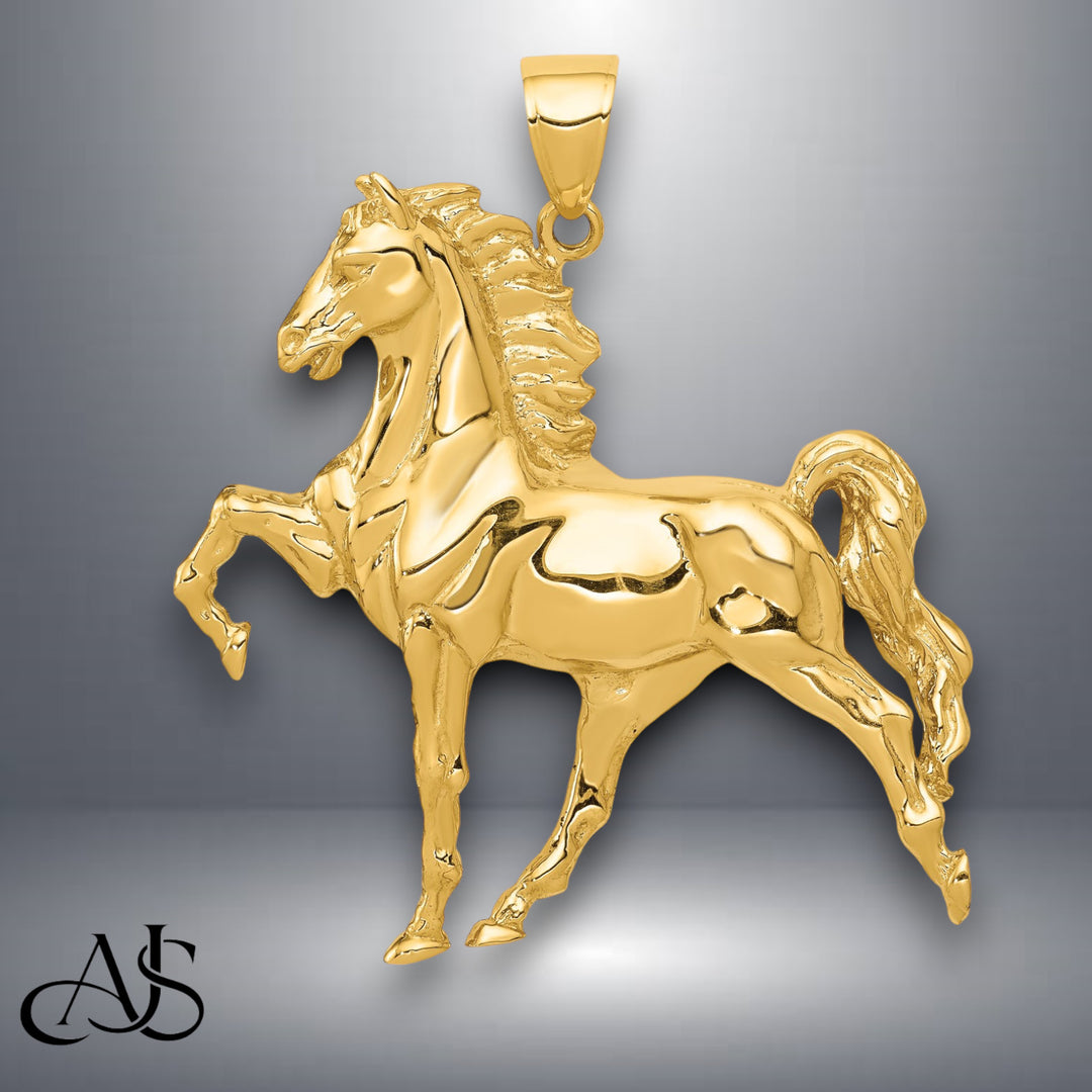 14K Yellow Gold Solid Polished Open-Backed Horse Pendant with Chain Necklace options