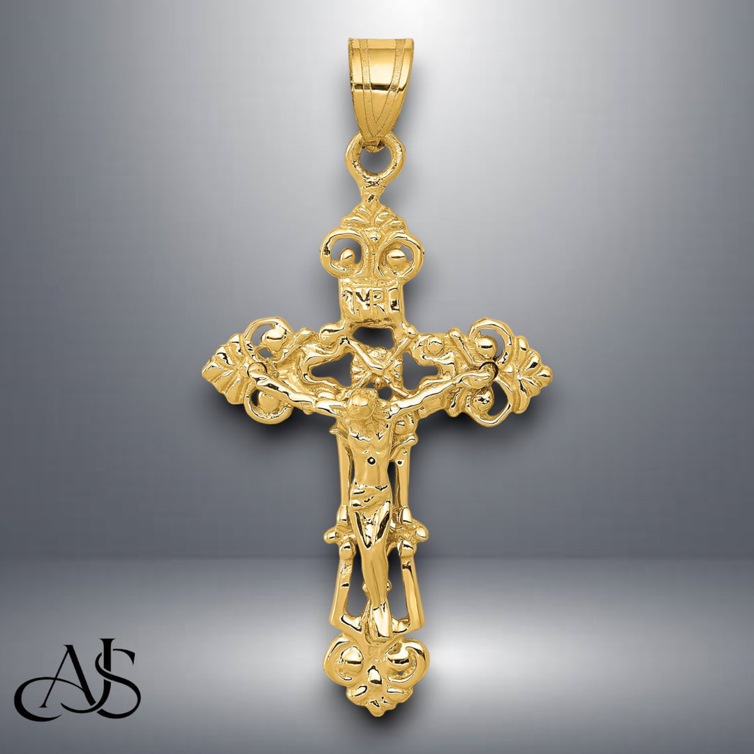 14K Yellow Gold INRI Fleur De Lis Crucifix Pendant with Chain Necklace options