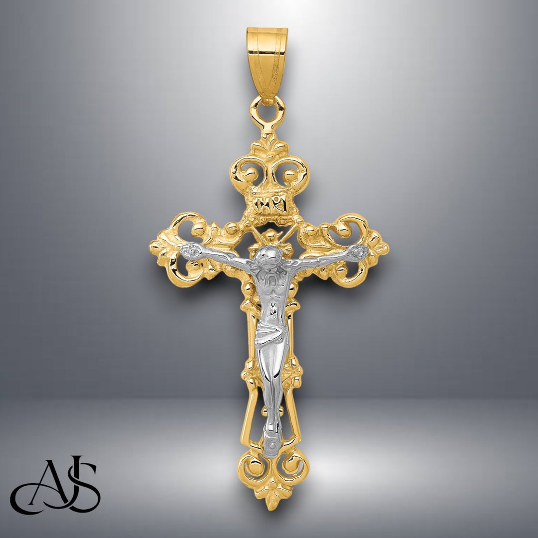 14K Two-tone Gold INRI Fleur De Lis Crucifix Pendant with Chain Necklace options