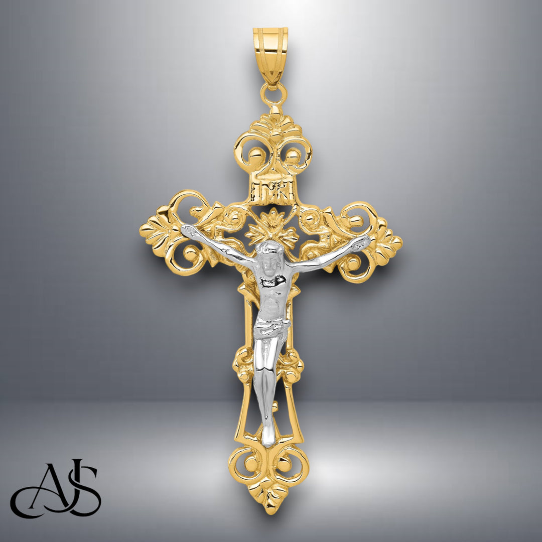 14K Two-Tone Gold INRI Fleur De Lis Crucifix Pendant with Chain Necklace options