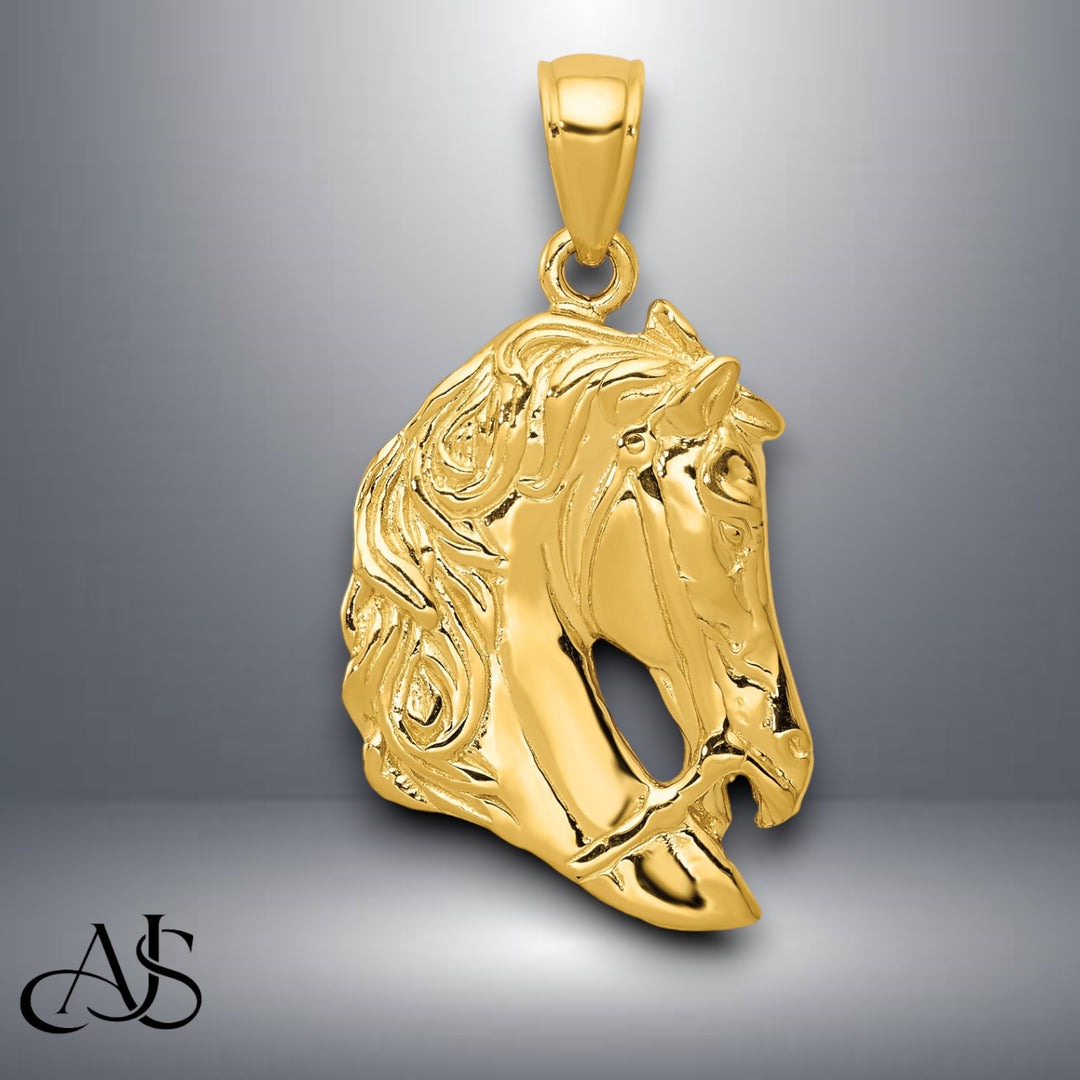 14K Yellow Gold Solid Polished Open-Backed Horse Head Pendant with Chain Necklace options