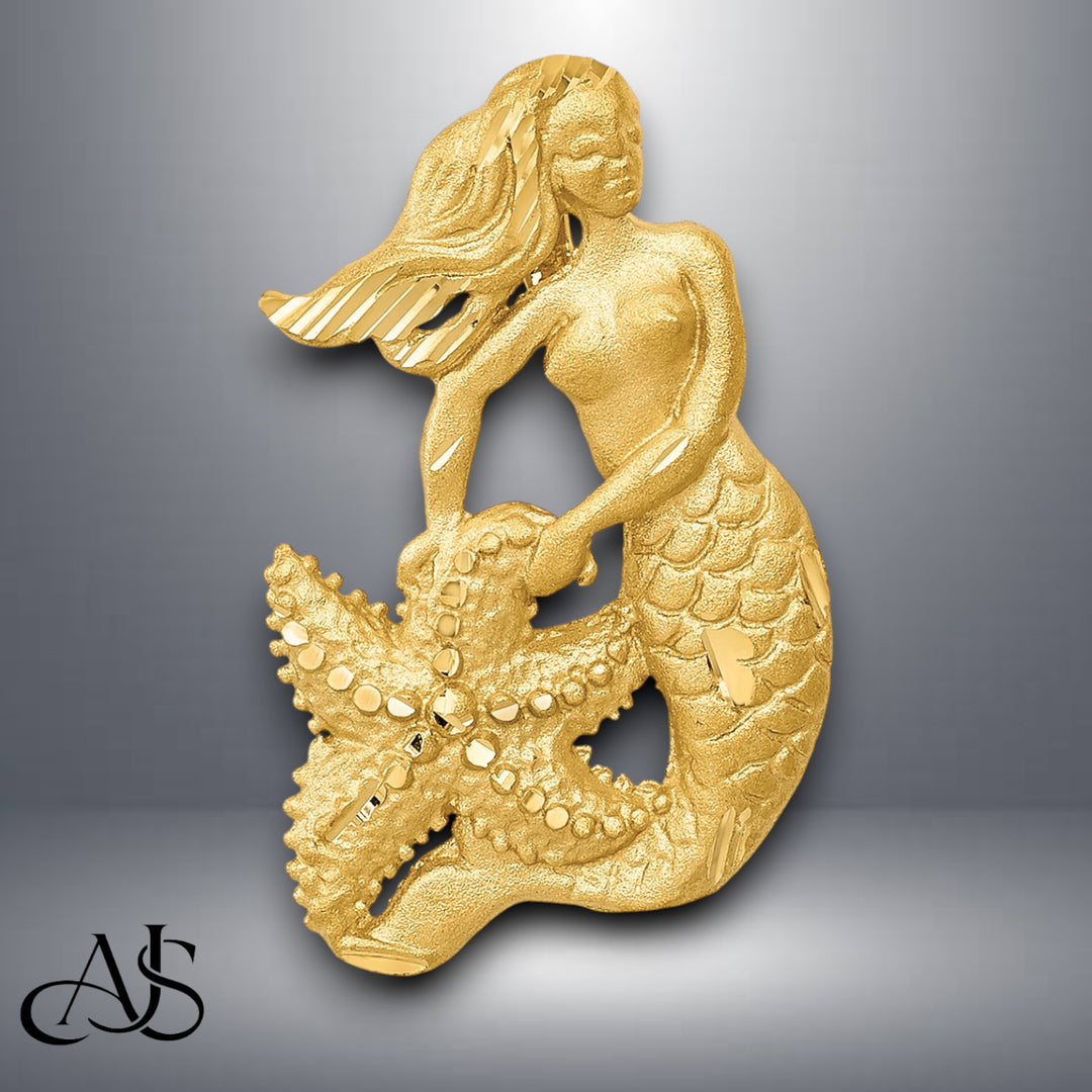 14K Yellow Gold Satin Diamond-cut Open-Backed Mermaid Pendant with Chain Necklace options